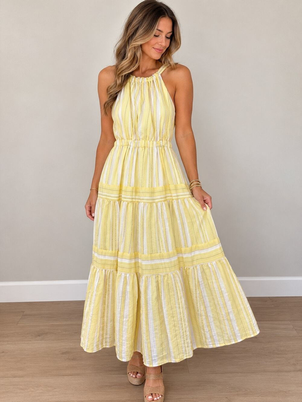 Rebecca Taylor Size 4 Halter Tiered Sundress Yellow Lemon Stripe Rayon Nylon